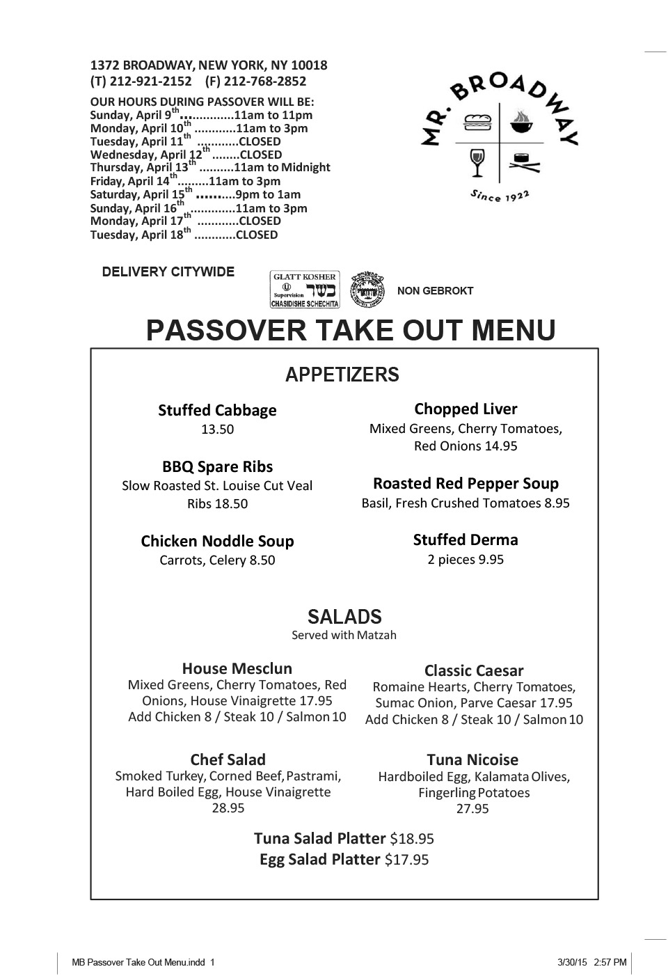 Passover Take Out Menu Mr. Broadway Kosher NYC Restaurant + Bar