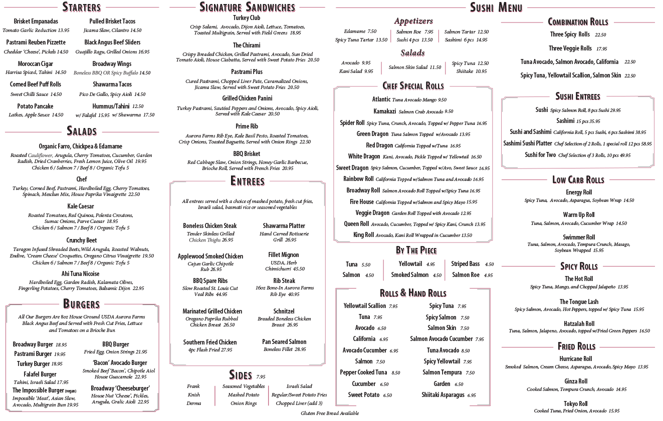 Take Out Menu Mr Broadway Kosher Nyc Restaurant Bar Grill